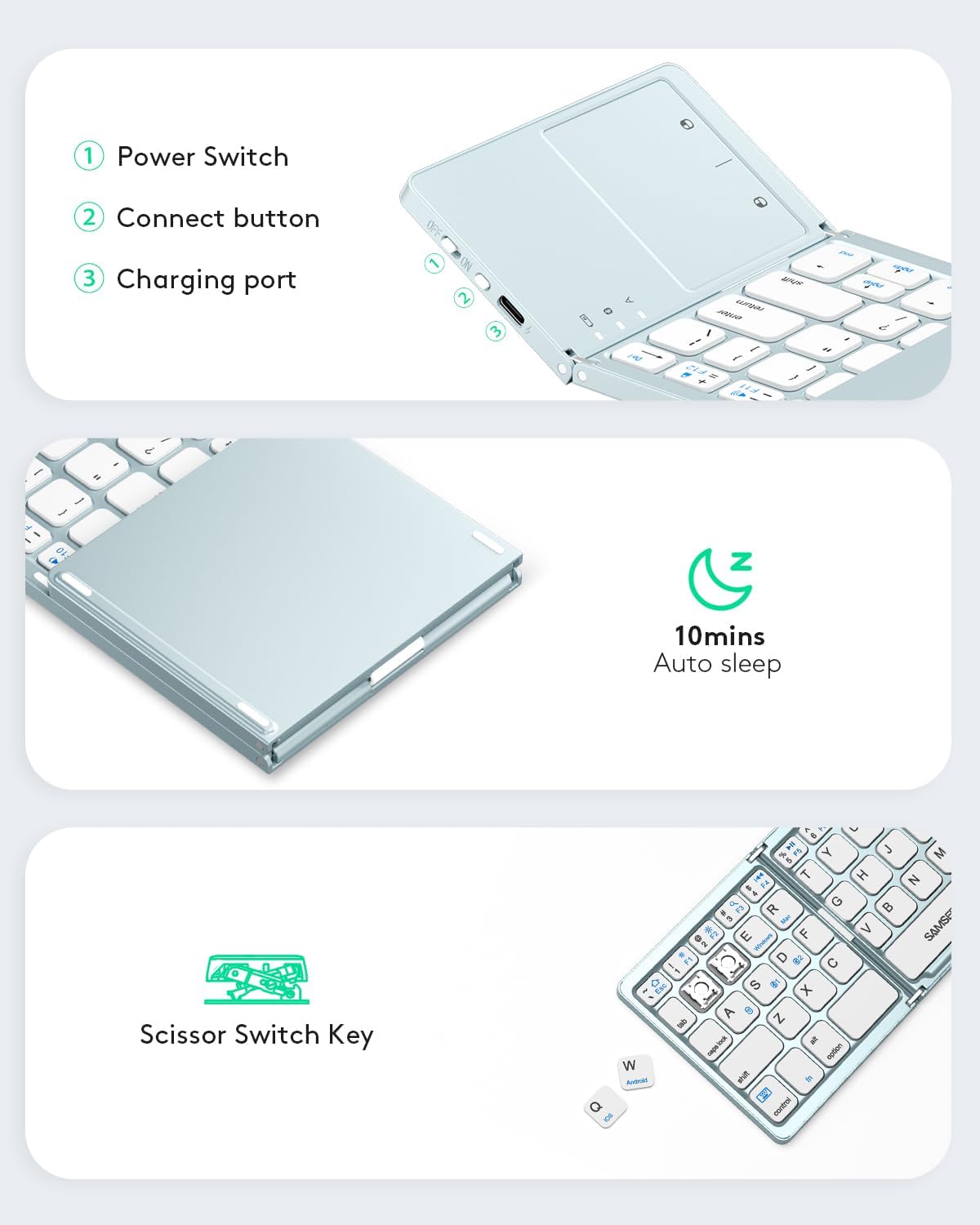 Samsers Multi-Device Foldable Bluetooth Keyboard with Touchpad, Rechargeable Dual-Mode(2.4G+BTx2) Wireless Keyboard with Holder, Portable Folding Keyboards for Android Windows iOS Mac OS - Blue