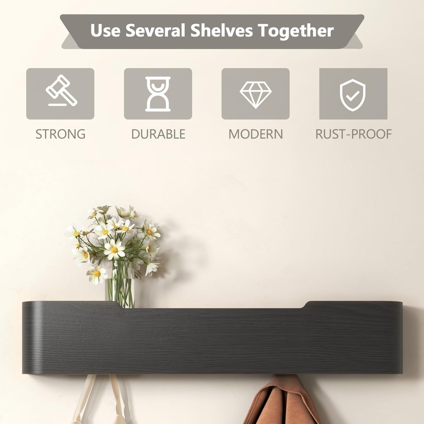 VERASCOT Wall Mounted Coat Rack with Shelf, Wooden Entryway Organizer with Hidden Metal Hooks for Hanging Coats Bags Keys, Modern Floating Shelf for Hallway Bathroom
