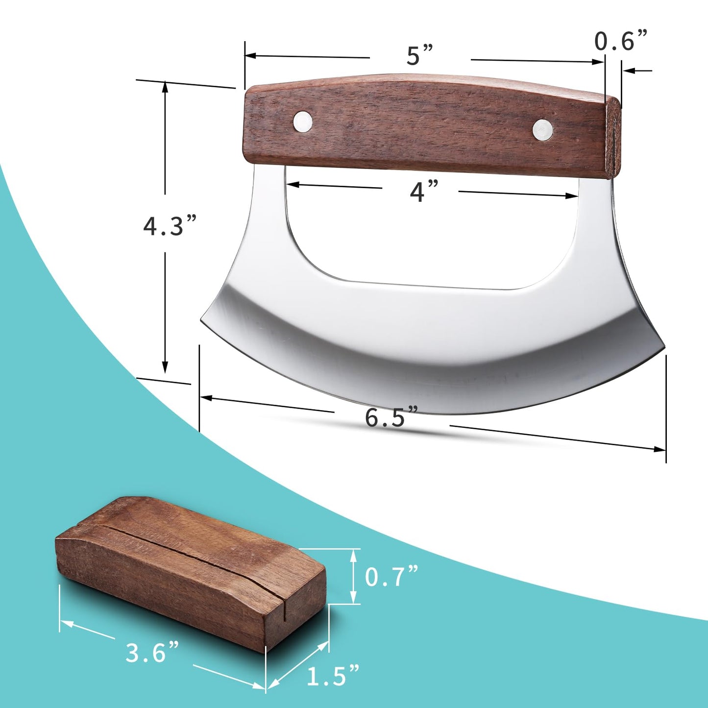 Coowolf Ulu Knife - Sharp Rocker Mezzaluna Knife with Stand for Cutter Pizza, Meat, Vegetables, Herb, Salad, Stainless Steel Blade, Walnut Wood Handle, Kitchen Essentials Accessories and Gadgets Tools