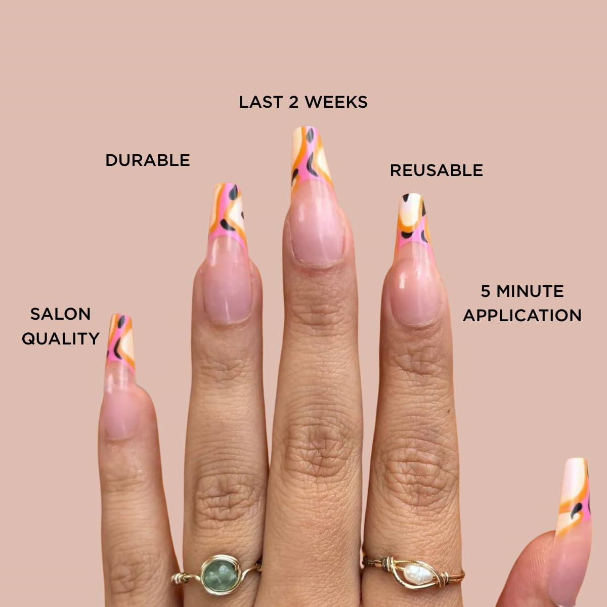 EXOTIC BABE Press-On Nails by Lavaa Beauty | Extra-Long Coffin | Orange Pattern French Tip Nails on Nude Base