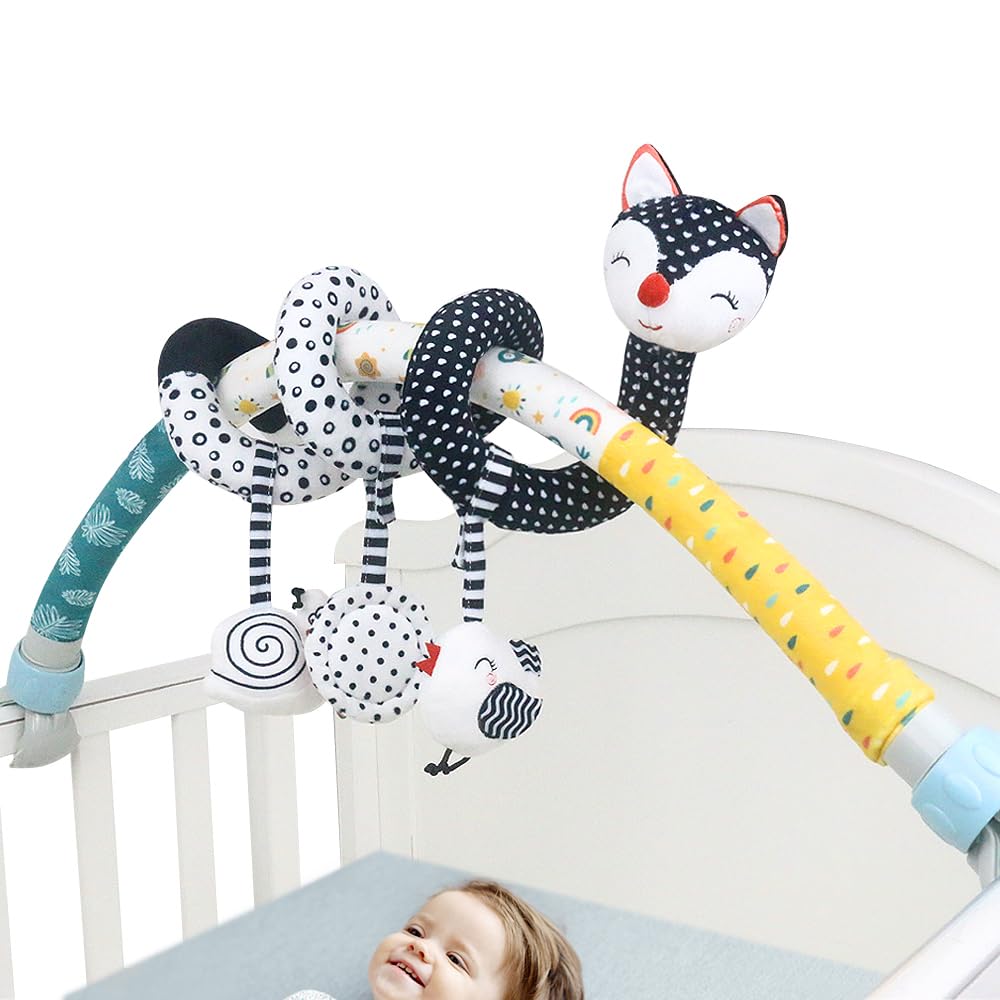 Caterbee Baby Stroller Arch Toys, Black and White Hanging Toy Activity Set, Stretch & Spiral Adjustable Clamp for Cribs & Car Seats, Includes Rattles, Squeaker & Teether for Newborns and Infants (02)