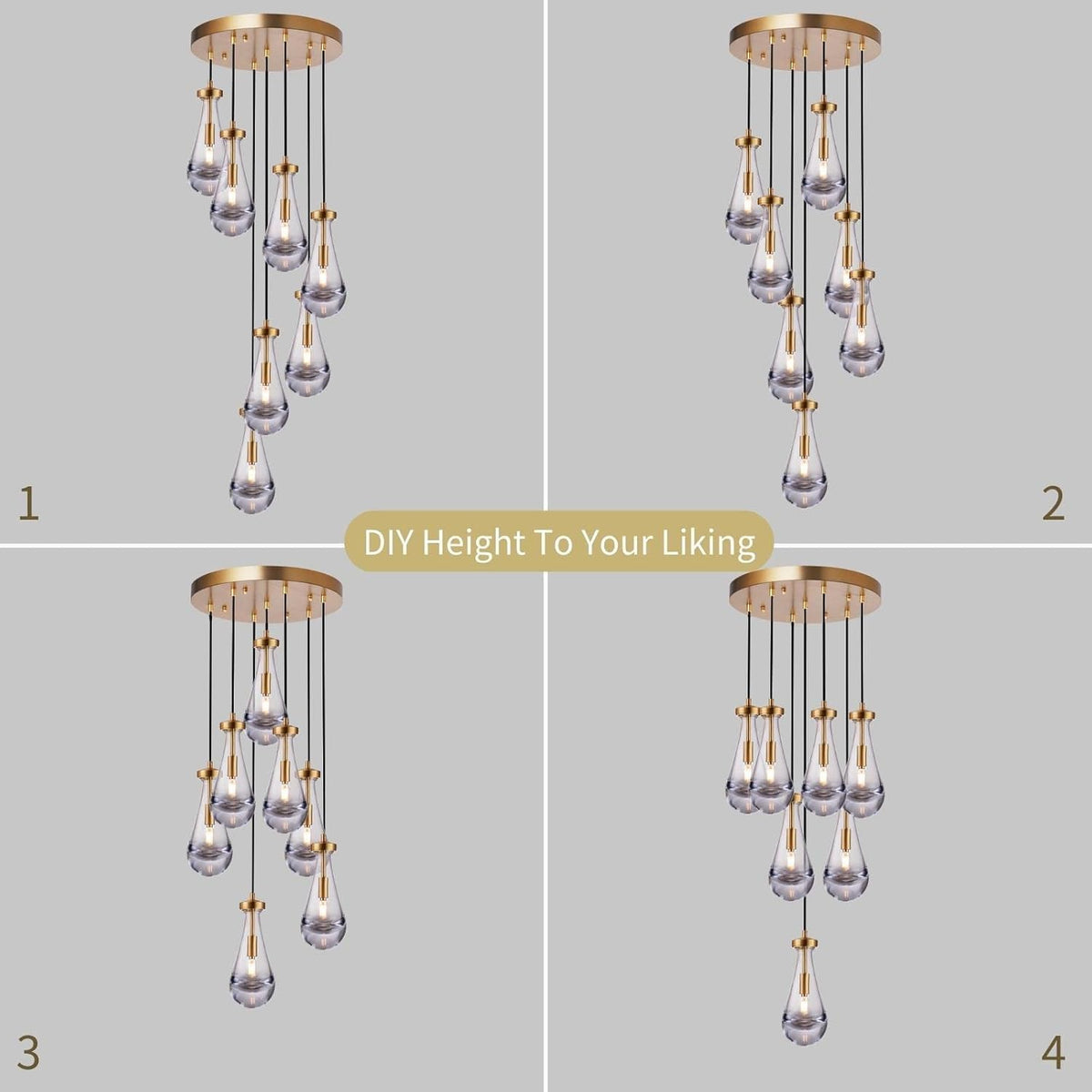 7 Light Raindrop Chandeliers, Brass Teardrop Cluster Pendant Lights Kitchen Island, Gold Dining Room Chandeliers Over Table Hanging Pendant Lighting for High Ceiling, Entryway Staircase