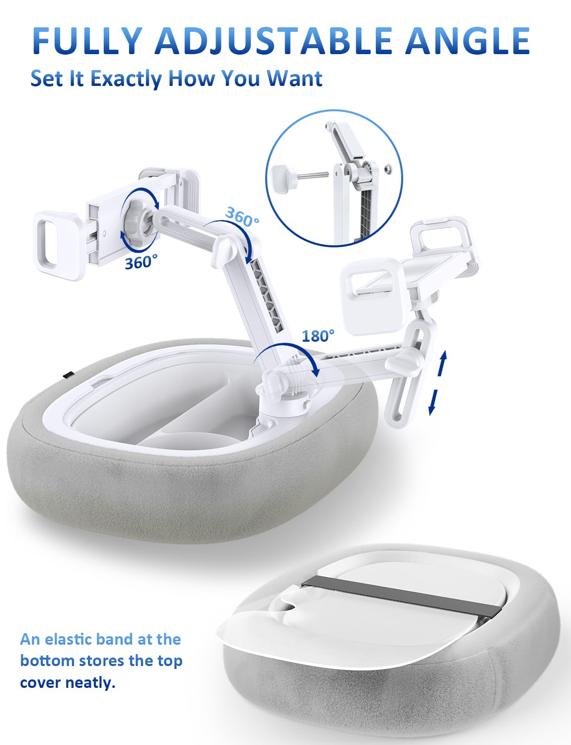 Tryone Tablet Pillow Holder & Laptop Stand : Lap Adjustable iPad Holder with Snack Bowl,Soft Plush Pillow & 360° Rotating Detachable Support Arm for 4.7-16.1 Kindle Phone Tablet Laptop (Gray)