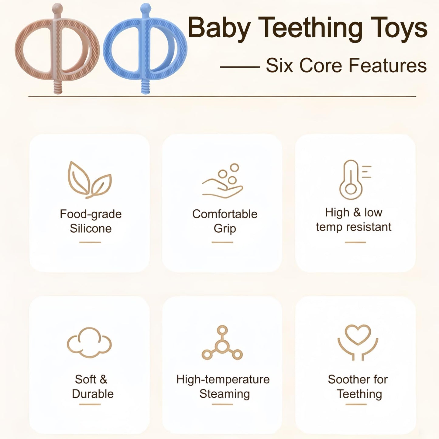 uwsic 2-Pack Baby Teething Toys, Food Grade BPA-Free Silicone Baby Teether for 3-18 Months, Ring-Shaped Teething Toy for Babies, Multi-Textured Choke-Proof Easy Grip Teether for Infants (Khaki&Blue)
