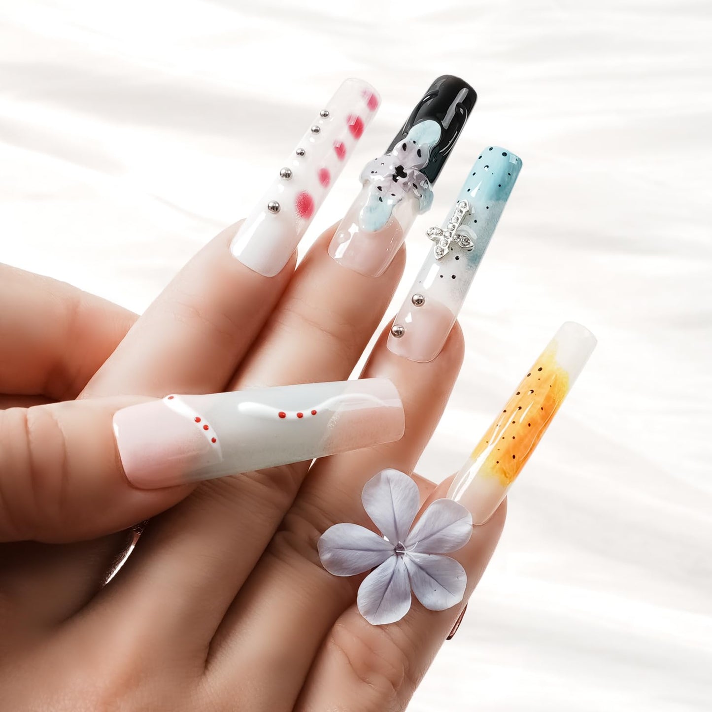Tesytto Long Square Press on Nails - Luxury Handmade French Tips Press on Nail with 3D Flowers & Rhinestones Cross Design,Multi-Layer Gel False Nails for Women (Ice Crystal Water Lily,S)