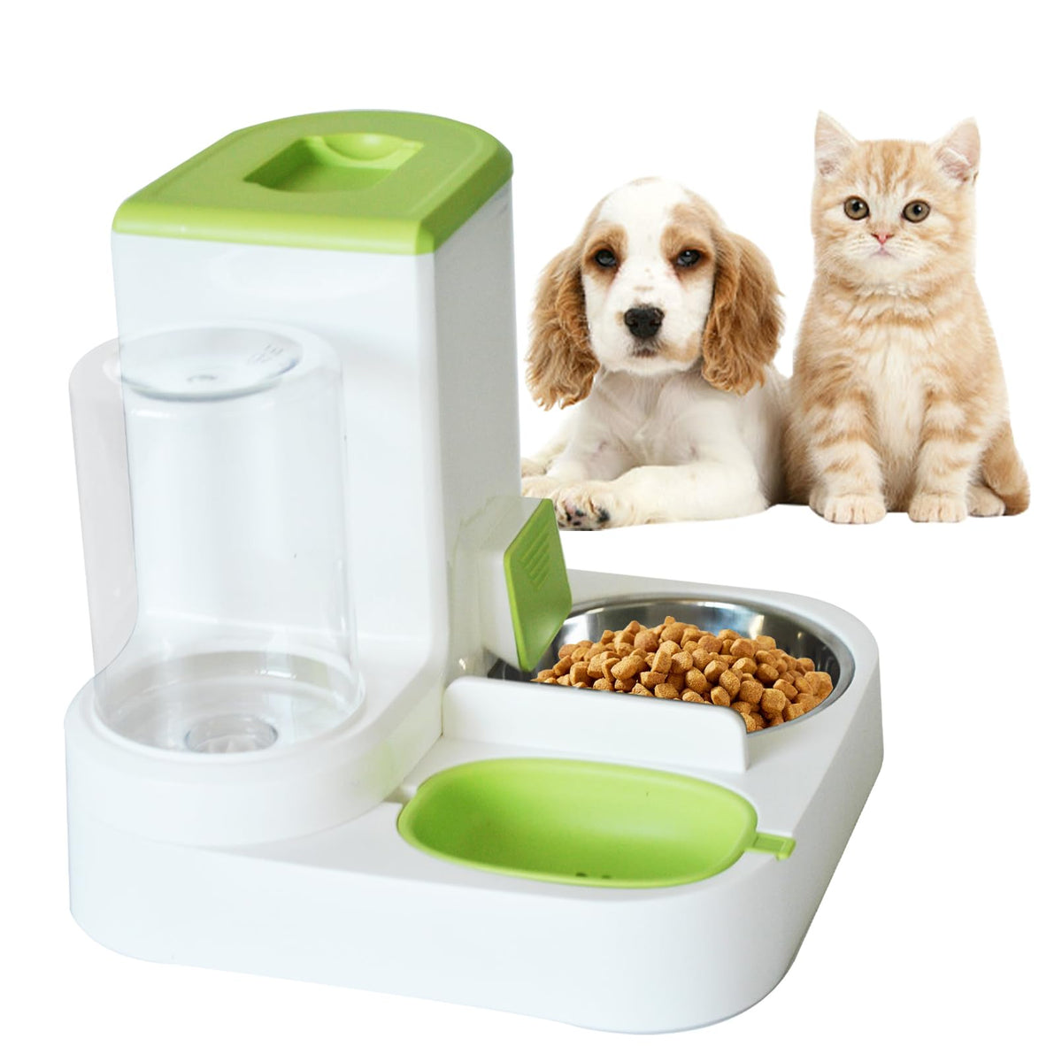 MUYG 2 in 1 Automatic Cat Feeder and Water Dispenser Combo,All-in-One Dog Food and Water Dispenser Set with Stainless Steel Food Bowl Detachable Gravity Feeder for Cat Kitten Small Dog(Yellow)