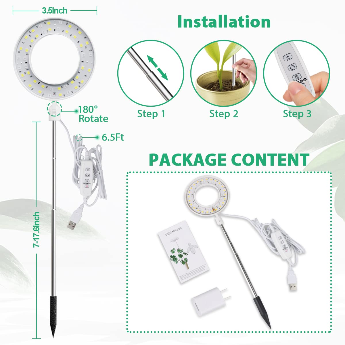 GYTF 3 Pack Halo Grow Light for Indoor Plants, 6000K 48 LEDs Full Spectrum Plant Lamp with Dimmable & Timer 4/8/12/18Hrs for Succulents, Mini Bonsai, Small Plants, Height Adjustable