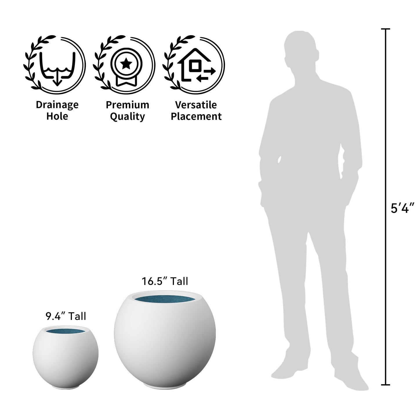 Kante Round Concrete Flower Pot, 11 Inch Dia (7.9" Opening) Sphere Shape Design Planter with Drainage Hole and Rubber Plug for Indoor & Outdoor Plants, White Finish with Painted Interior