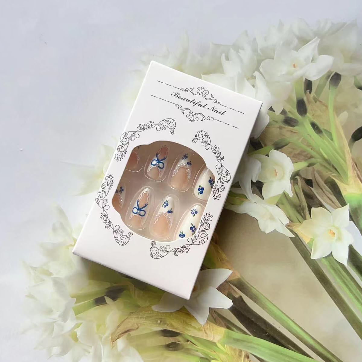 Medium Almond Press on Nails White Fake Nails French Tip False Nails with Blueberry Lace Pearl Design Glossy Stick on Nails Full Cover Glue on Nails Cute Artificial Nails for Women Manicure 24Pcs