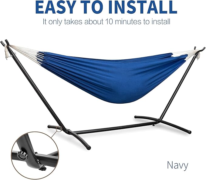 PNAEUT Double Hammocks with Stand for Outside, Portable Space Saving Heavy-Duty Steel Stand for Indoor Outdoor Patio with Carrying Bag, 450 lbs Capacity (Navy)