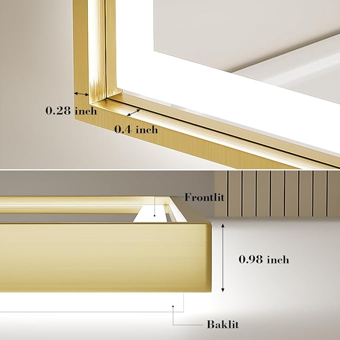 60X40 Inch Led Bathroom Mirror,Frontlit & Backlit Lighted Mirror,Gold Metal Frame Vanity Mirror for Wall,Double Lights Strips,Anti Fog Stepless 3 Colors Temperature & Dimmable