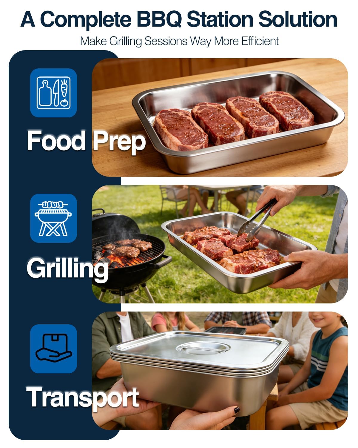 Matchwaves Grilling Prep and Serve Trays with Lid, Stainless Steel Large Grill Carry System, Deep Marinating Container with Cutting Board for BBQ Outdoor Grilling, Pro Series