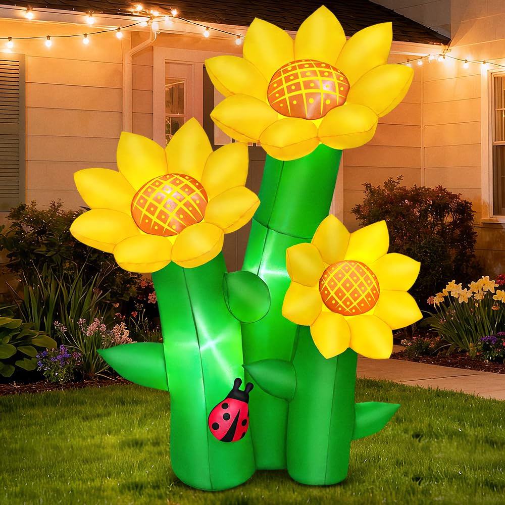 KOOY 6FT Spring Easter Inflatable Sunflowers Outdoor Decoration, Inflatable Sunflowers Blow Up Yard Decor Built-in LED Lights for Spring Summer Easter Yard Garden Lawn Party