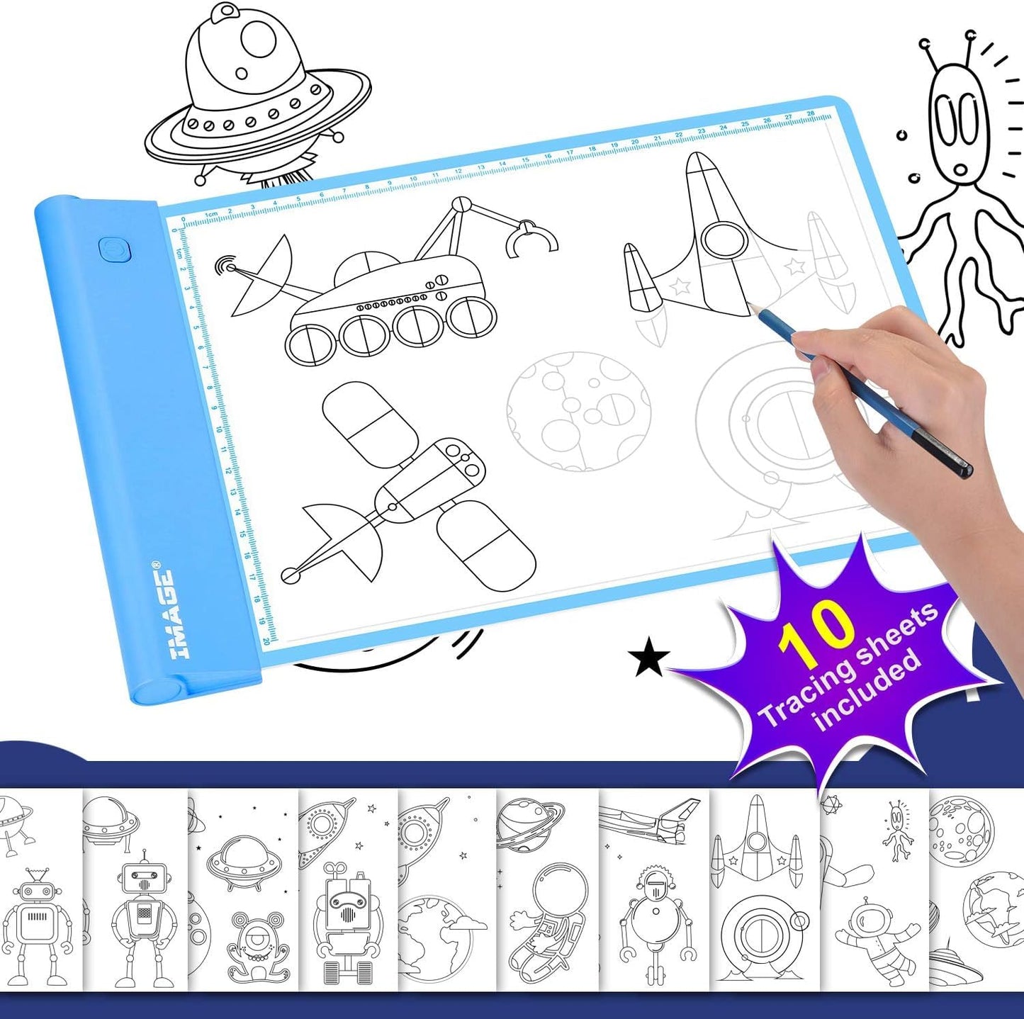 IMAGE Light Up Tracing Pad for Kids Drawing Tablet Board Children Portable Art Christmas Gift for Boys Girls Ages 6+ (Includes 10 Traceable Sheets and Two Clips), Durable & Fun Creative Toy(Blue)