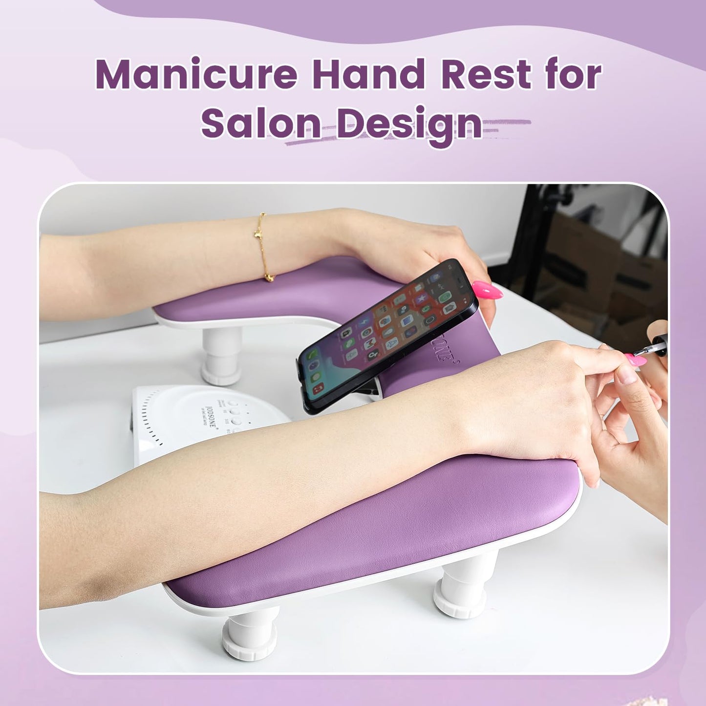 JODSONE Purple U-Shaped Manicure Arm Rest for Nails Tech with Rotating Phone Holder and Adjustable Nail Arm Rest Detachable Manicure Hand Rest for Salon Design