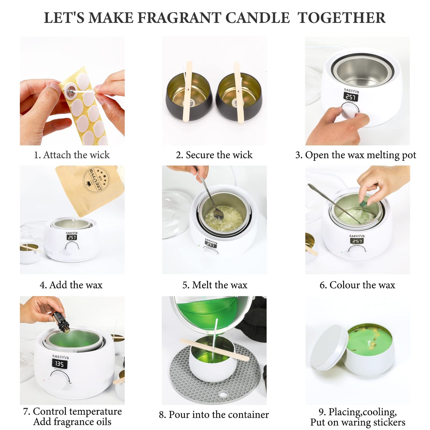 SAEUYVB Complete Candle Making Kit, Candle Making Kit for Adults with Hot Plate, DIY Starter Candle Making Supplies/Kit - Perfect as Home Decorations(White)