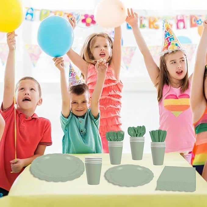 140Pcs Sage Green Paper Plates and Napkins, Sage Green Party Supplies Include Green Scalloped Plate Paper Napkin Cup Plastic Cutlery for Baby Shower, Wedding, Birthday
