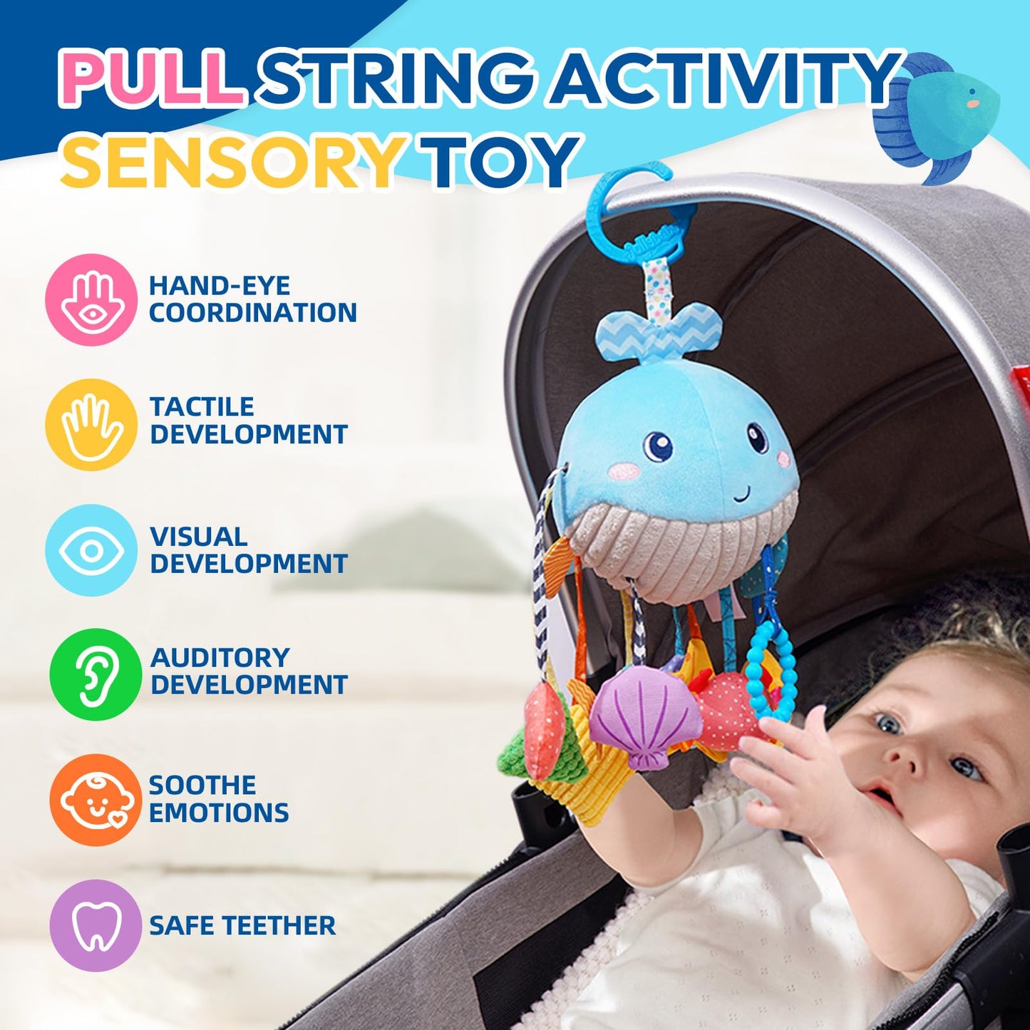 Jollybaby Activity Pull String Hanging Toy for Baby Stroller Car Seat Crib Play Gym, Plush Stuffed Ocean Whale Toy for Carseat with Teether Rattles, Montessori Sensory Toy for Baby Gift