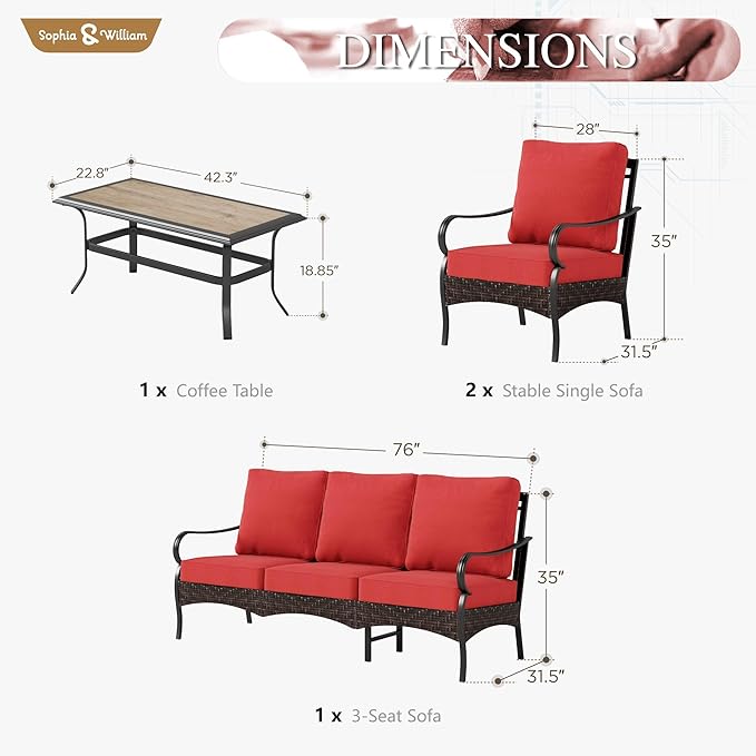 Sophia & William Patio Furniture Set, 4 Piece Metal Outdoor Conversation Set with 3-Seater Outdoor Couch, 2 Sofa Chairs, 1 Coffee Table for Outdoor Seating, Backyard, Porch(Red)