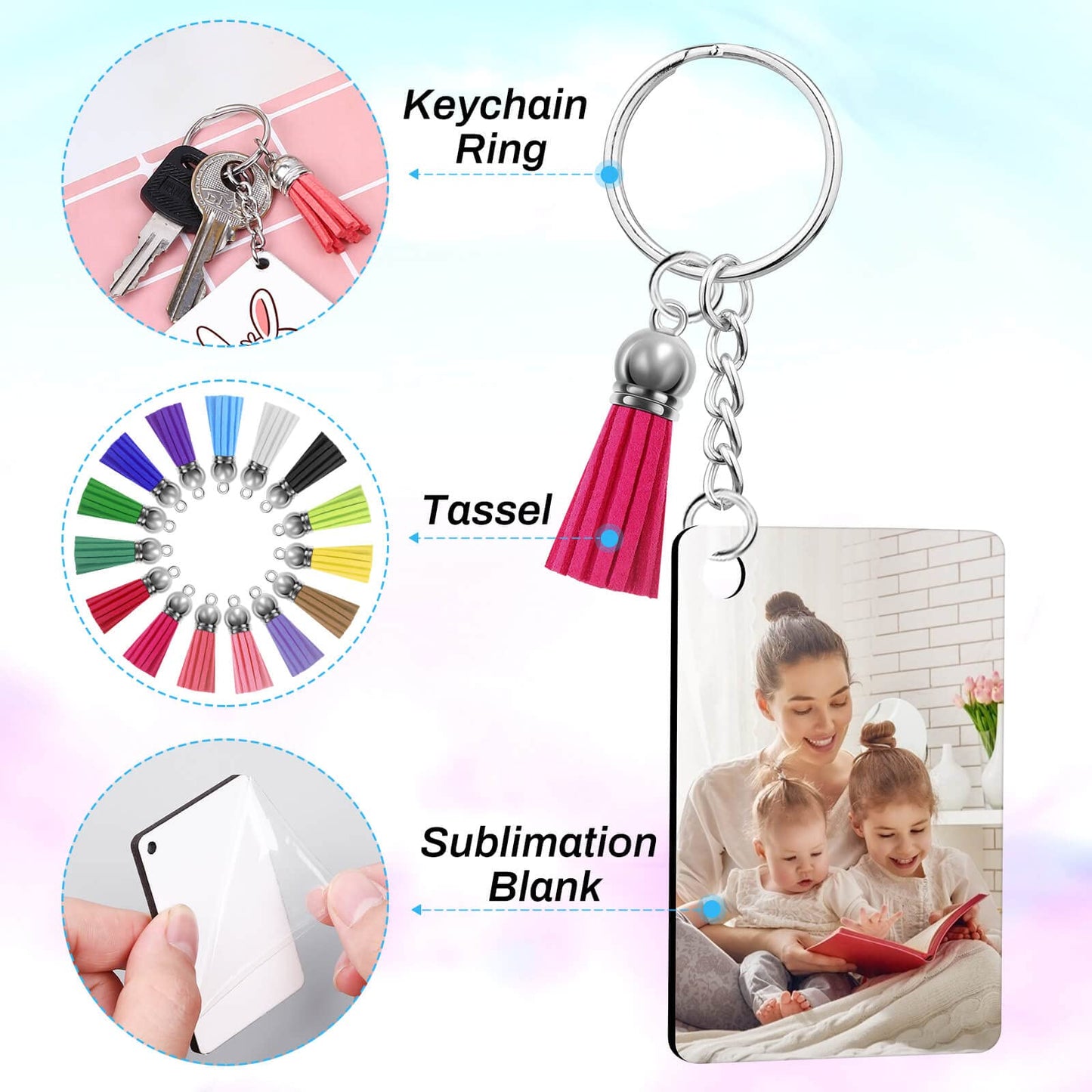 Modacraft 120Pcs Sublimation Keychain Blanks Bulk Set with Rectangle Sublimation Blanks Tassels Keychain Rings & Jump Rings for DIY Keychains Crafting