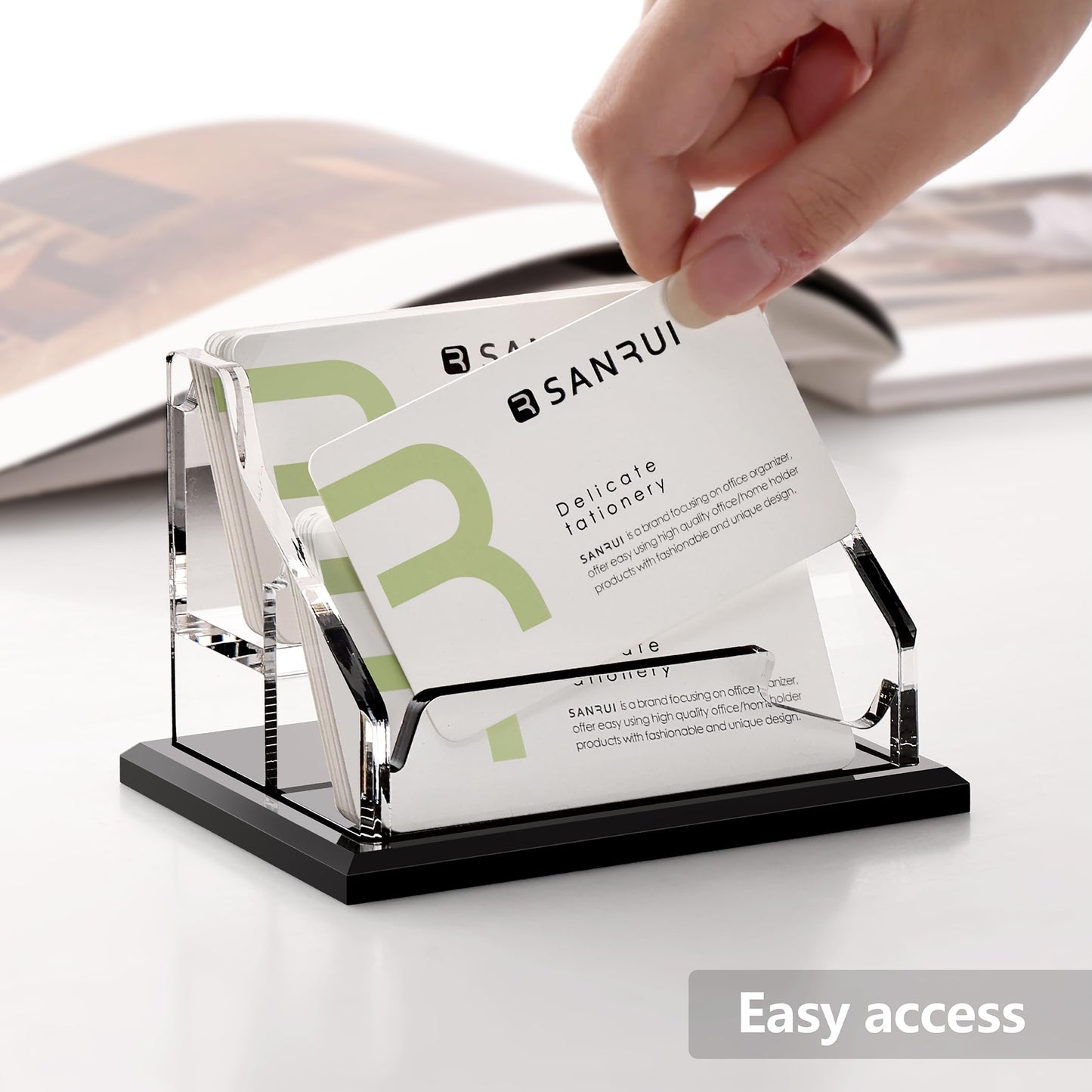 SANRUI Acrylic Business Card Holder, Black Business Cards Display Stand for Desk, Clear Horizontal 2 Slot Desktop Organizer , 120 Card Capacity