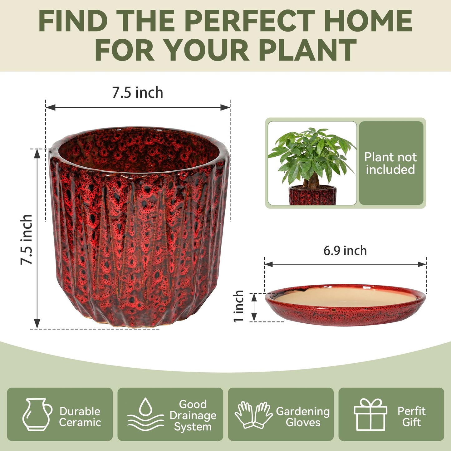 TOSELBAI 7.5 Inch Ceramic Planter Pot with Saucer Drainage Leak-Proof Mesh,Flower Pots for Indoor Plants with Gardening Gloves,Ceramic Planter(Spotted Red)