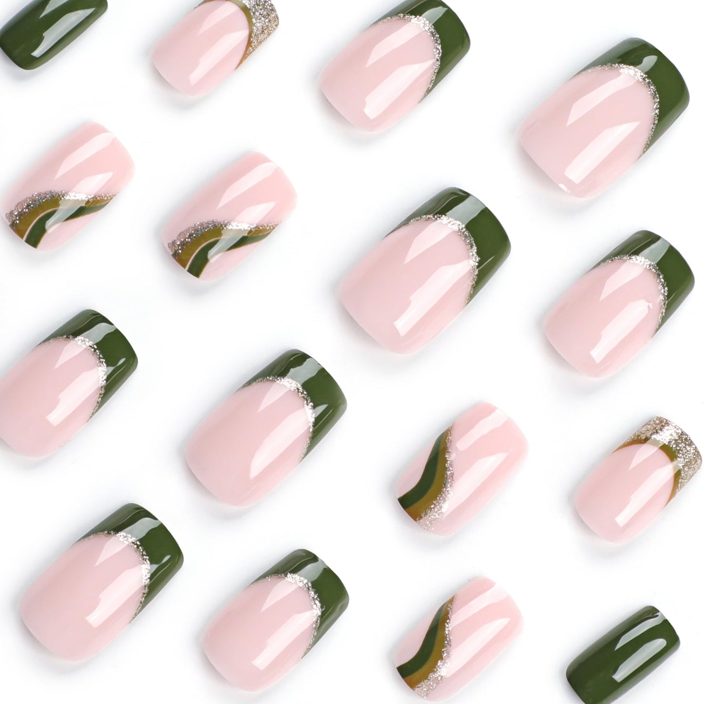 Green Press On Nails - Short Square Gold Glitter False Nails with Swirl Designs, Glossy Finish, Full Cover Acrylic Stick On Coffin Nails for Women, 24 Pcs