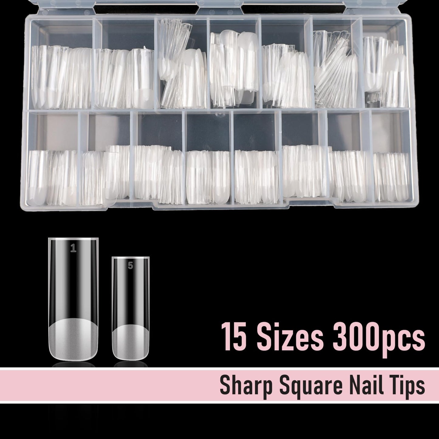 Wellquinn Gel Nail Tips Sharp Square Long, 300pcs 15 Sizes, Pre-Etched Half Matte Full Cover Soft Gel Nail Tips, Clear Press on False Nail Extension Acrylic Fake Nails, Easy DIY Salon Art