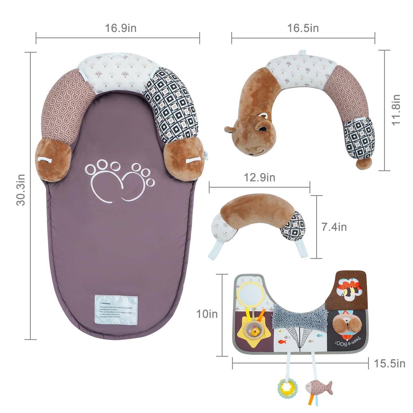 Lovvie & Joy 2-in-1 Tummy Time Mat & Seated Support Pillow,Baby Tummy Time Pillow Support for Newborns and Older Babies,with Detachable Support Pillow and Toys Bear