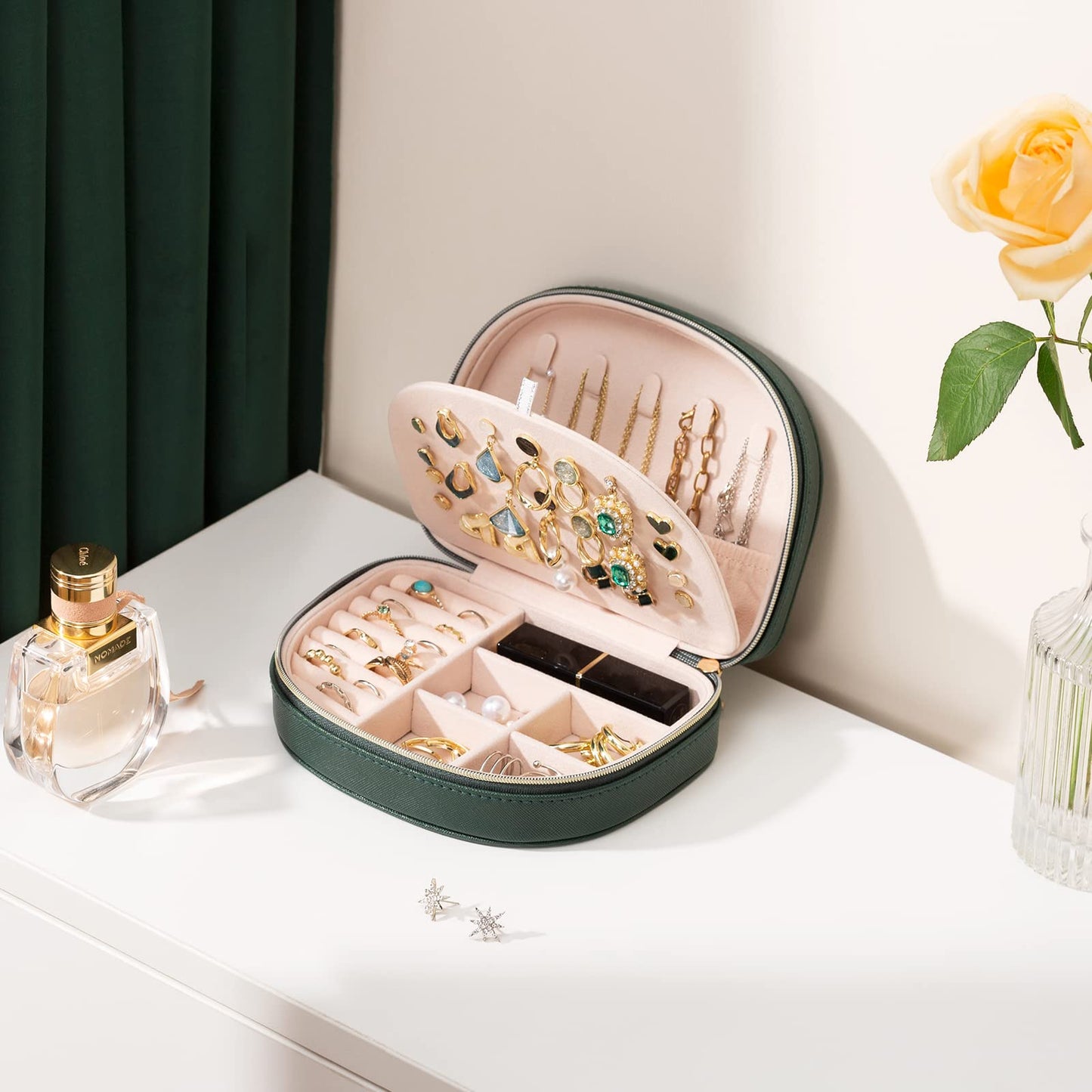ProCase Travel Size Jewelry Box, Medium Portable Seashell-Shaped Jewelry Case, 2 Layer Jewelry Organizer in PU Leather for Women -Emerald