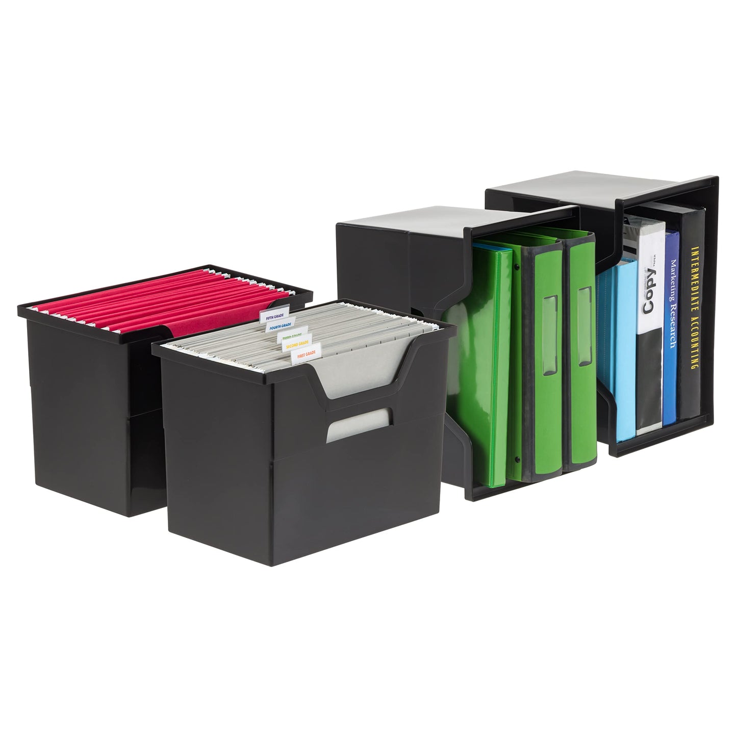 IRIS USA Large Portable Desktop File Box with Open Lid, 4 Pack, Side Handles, Hanging File Folders, Tabs & Inserts, Letter Size, Magazines, Newspapers, Mail, Books, Notebooks, Black