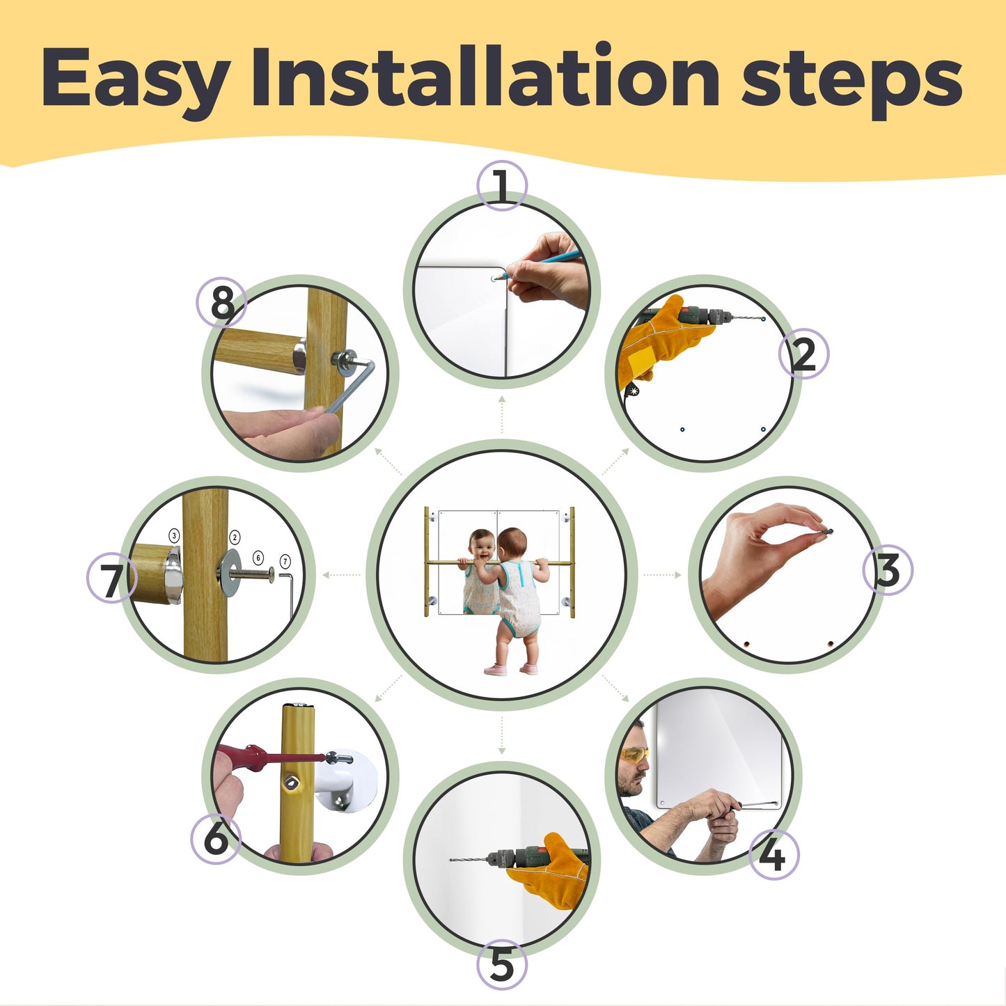 Montessori Coordination Mirror Set - Pull Up Bar and Mirror for Babies, Toddlers | Develop Motor Skills Self-Discovery | Hardware Included | Plexiglass Acrylic Safety & Powder Coated Steel Bar