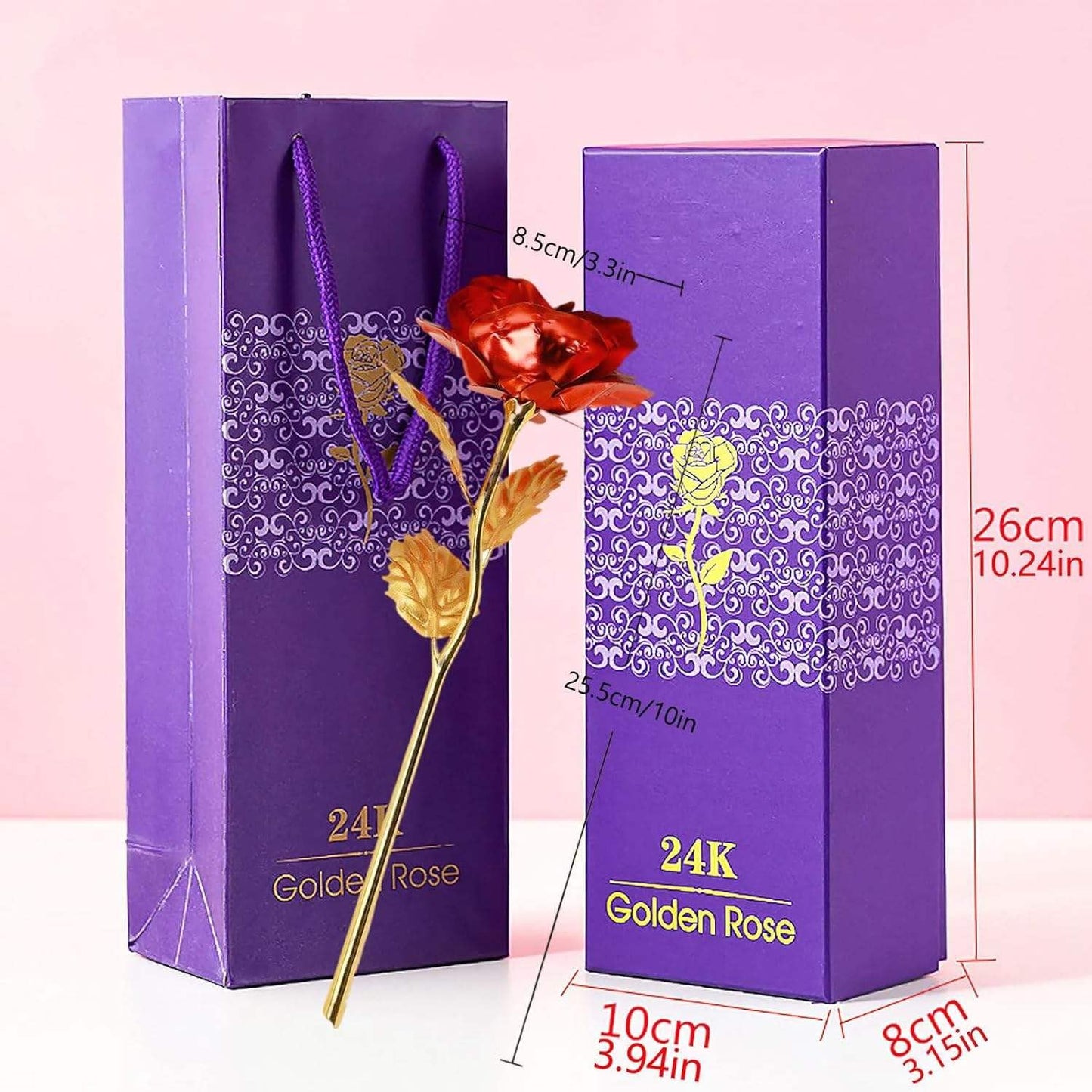 Rose Gift Box with Golden Love Stand – Romantic Artificial Flower Arrangement with Carry Bag for Valentine’s Day, Anniversary, Birthday & Special Occasions (Red)