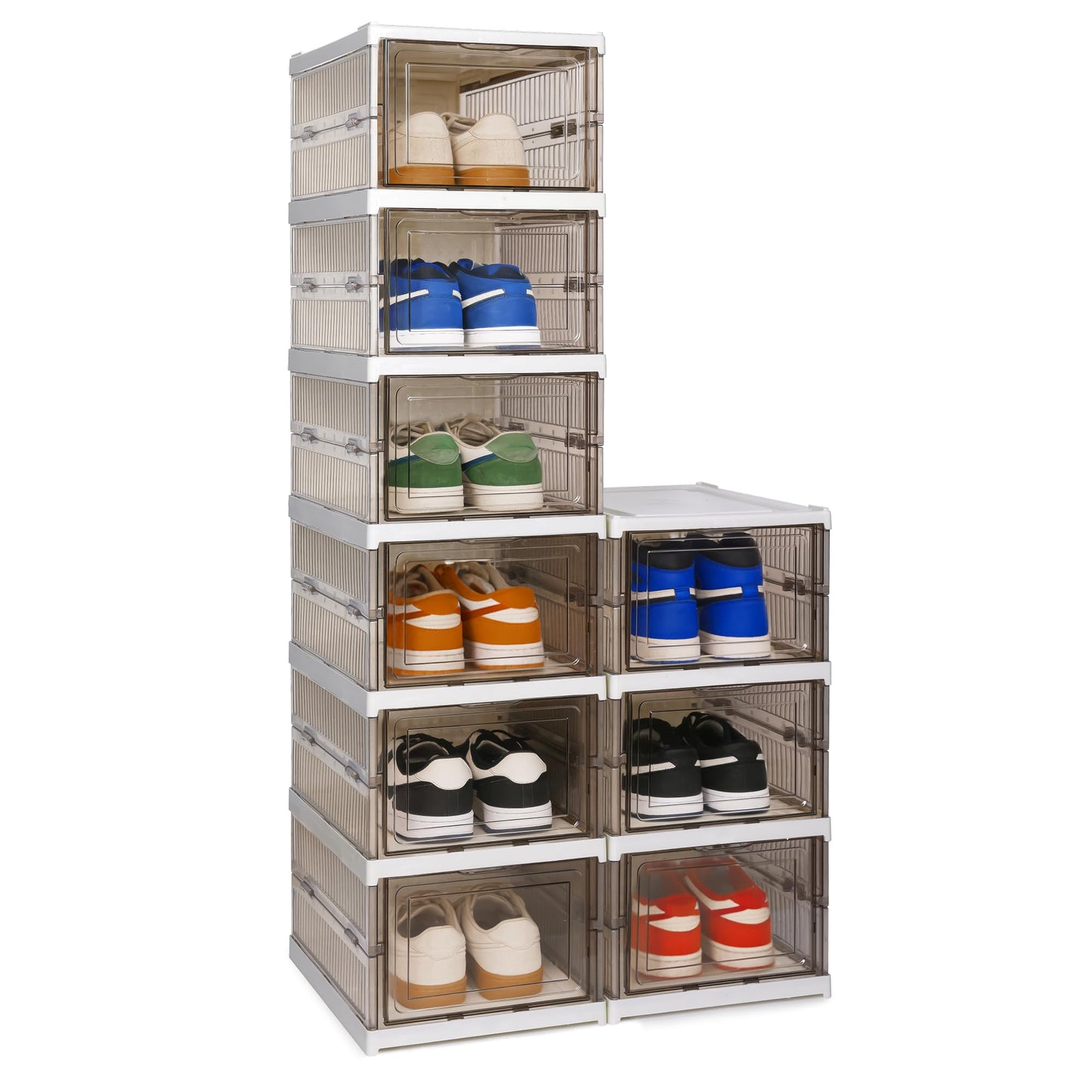 LQCHETOU Shoe Storage Box, No-Assembly 3 Tiers Foldable Shoe Organizer with Clear Door, Space-saving Shoe Rack,Sturdy Clear Plastic Stackable Sneaker Containe, Foldable shoe rack (grey, 3-Tier)