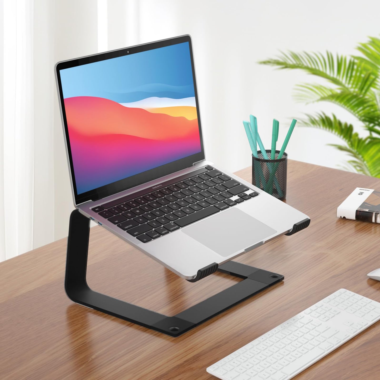 GleYo Laptop Stand for Desk Portable Computer Riser Metal Notebook Holder Printer Stand Office Desk Accessories Compatible with MacBook Air, Pro, Dell, HP, Lenovo and All 10-16" Laptops, Black