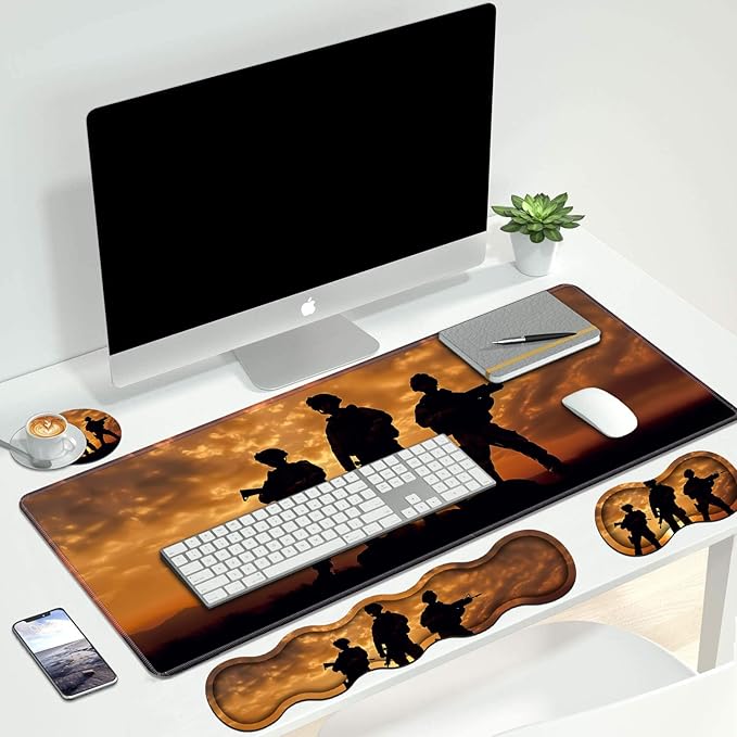 4 in 1 Ergonomic Keyboard Wrist Rest & Mouse Pad Wrist Rest Set, Large XXL Gaming Desk Mat 31.5"x 11.8" with Non-Slip Base, Memory Foam for Home Office Study Gaming, American Soldiers