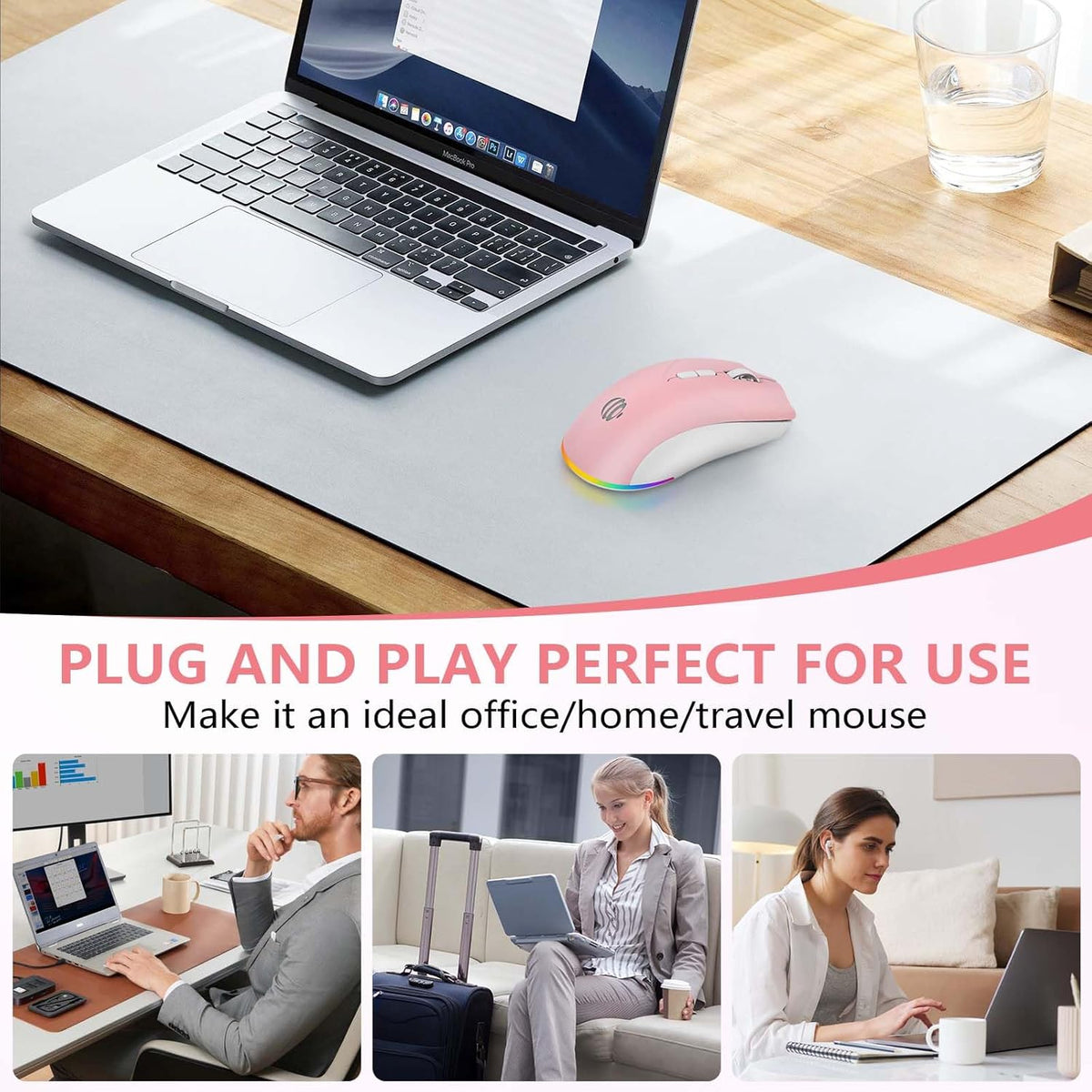 Wireless Bluetooth Mouse, 2.4G and Bluetooth 5.2 Ergonomic Rechargeable USB Optical Mouse, 3 Adjustment DPI, 1600 DPI Dual Mode Silent Wireless Mouse for Mac,Laptop, PC, Windows. (Pink)