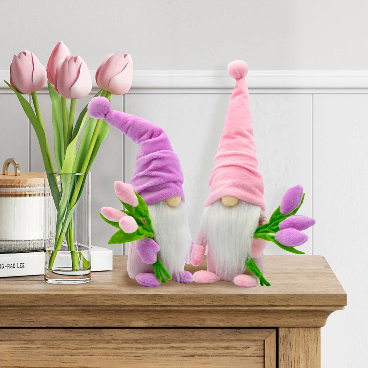 KnomeKo Tulip Gnome Spring Decor, 2Pcs Spring Home Decorations for Farmhouse Table Tiered Tray Decor, Gift Gnomes for Women, Mother