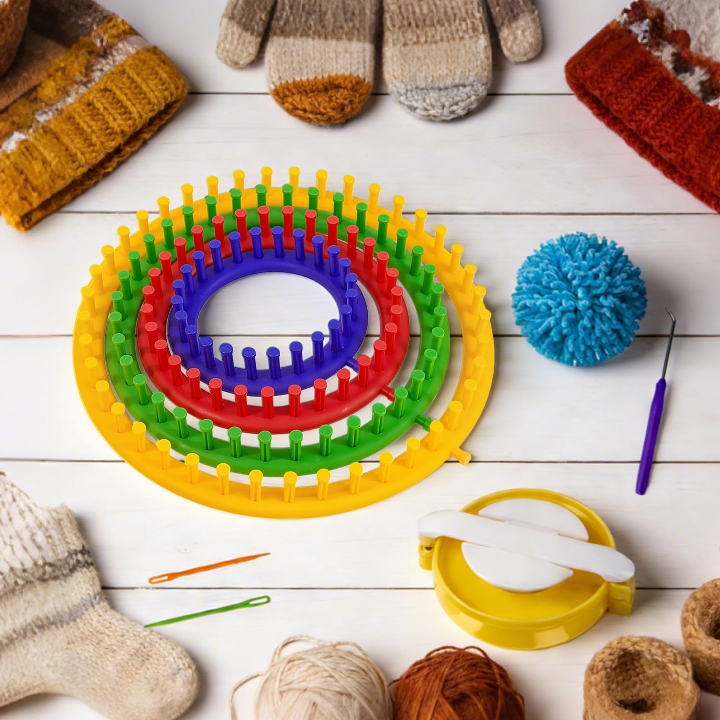 Cesilili Knitting Loom Kit with Pompom Maker Round Knitting Loom for Beginner 4 Sizes (4/6/8/10 Inches) Needle Set DIY Tool for Hats Scarves Handcrafts