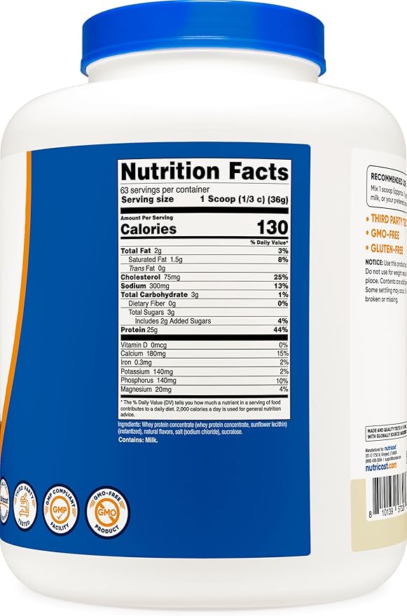 Nutricost Whey Protein Powder, Vanilla, 5 pounds - Whey Protein Concentrate
