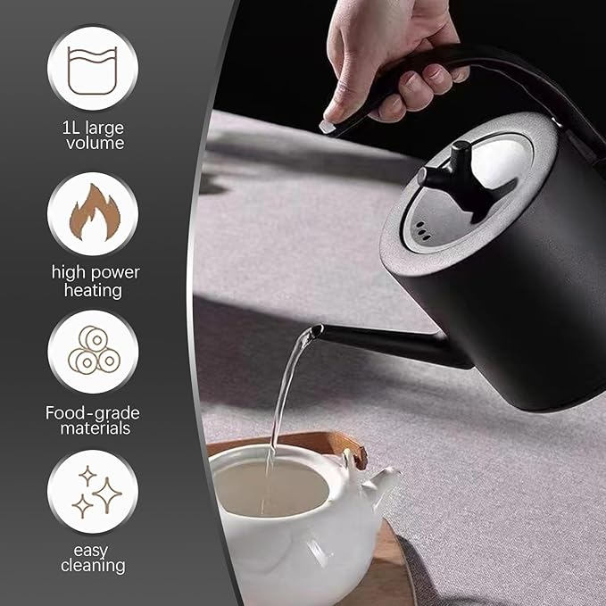 1.0L Gooseneck Electric Kettle - 304 Stainless Steel, 800W Fast Boiling with Auto Shut-Off, Precision Pour Over Kettle for Coffee & Tea, BPA-Free Matte Black Design, For Kitchen, Home, Office