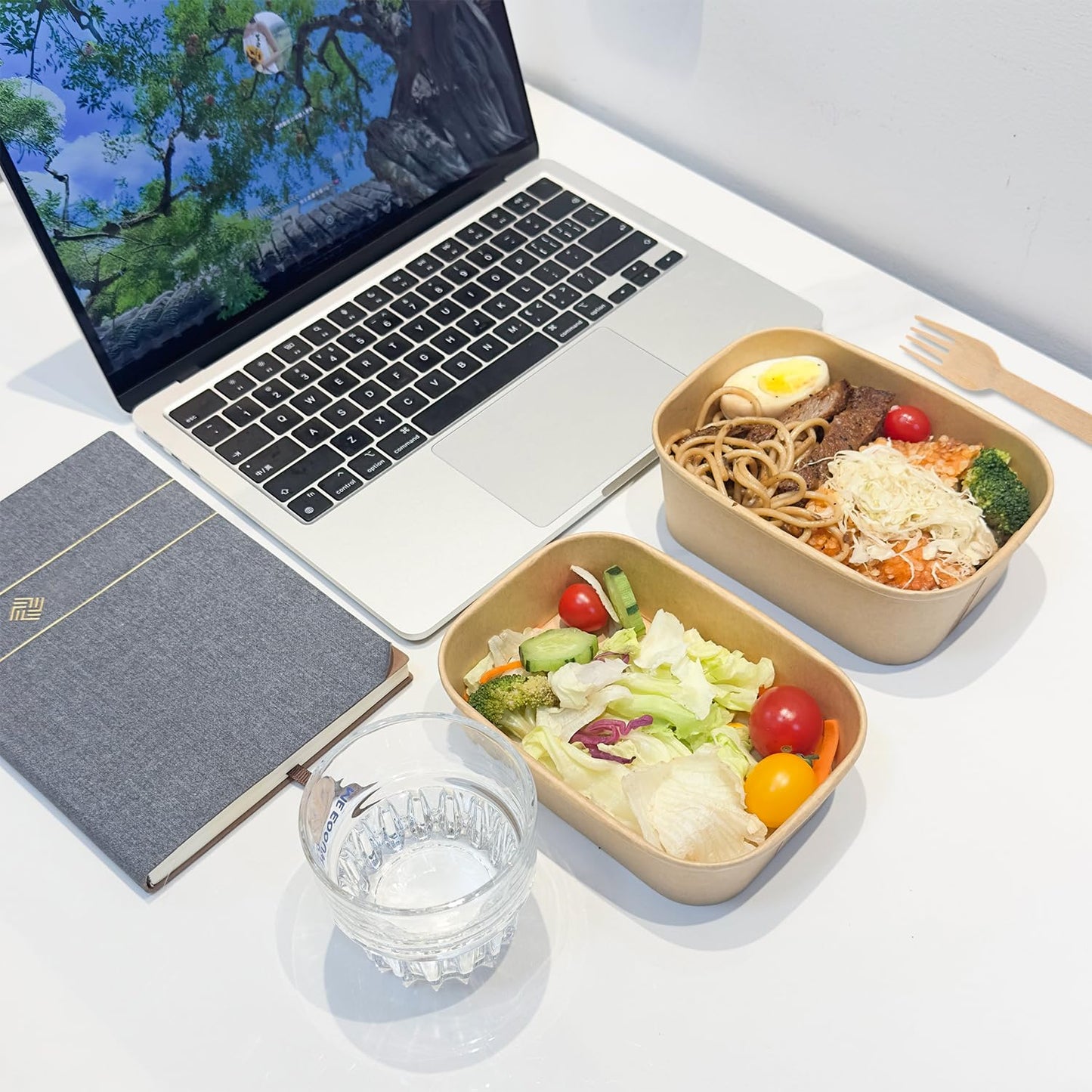 50-Pack 29oz Kraft Paper Bowls Disposable with Lids and Wooden Forks, Disposable Meal Prep Containers Paper Food Prep Containers with Lids, To Go Container for Hot Soup/Salad, Freezer & Microwave Safe