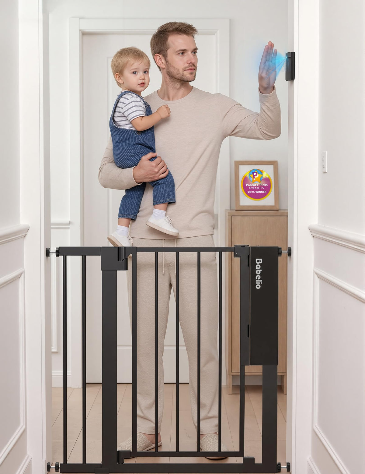 Babelio Smart Baby Gate with Auto-Unlock/Close, Pressure Mounted No Drill for Doorways/Top of Stairs. Pet/Dog Door Wide Walk Thru w/Infrared Sensor & Instant Safety Alert (Black, 26.3-37.8" W, 30" H)