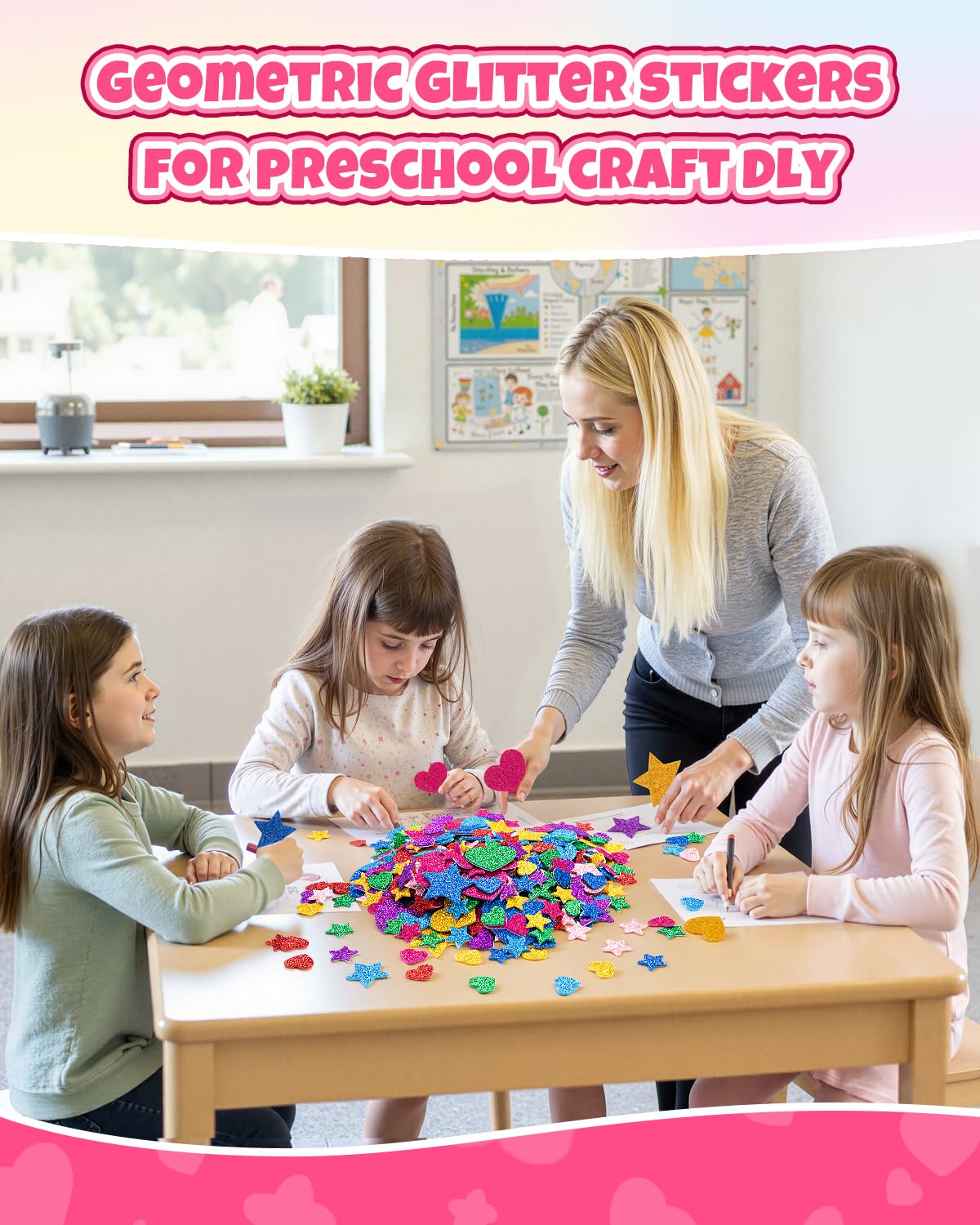 1024PCS Glitter Foam Stickers for Kids - Self-Adhesive Heart & Star Shapes, Sparkle Craft Stickers for DIY Greeting Cards, Scrapbooking, Home Decor, Envelopes & Children's Art Projects