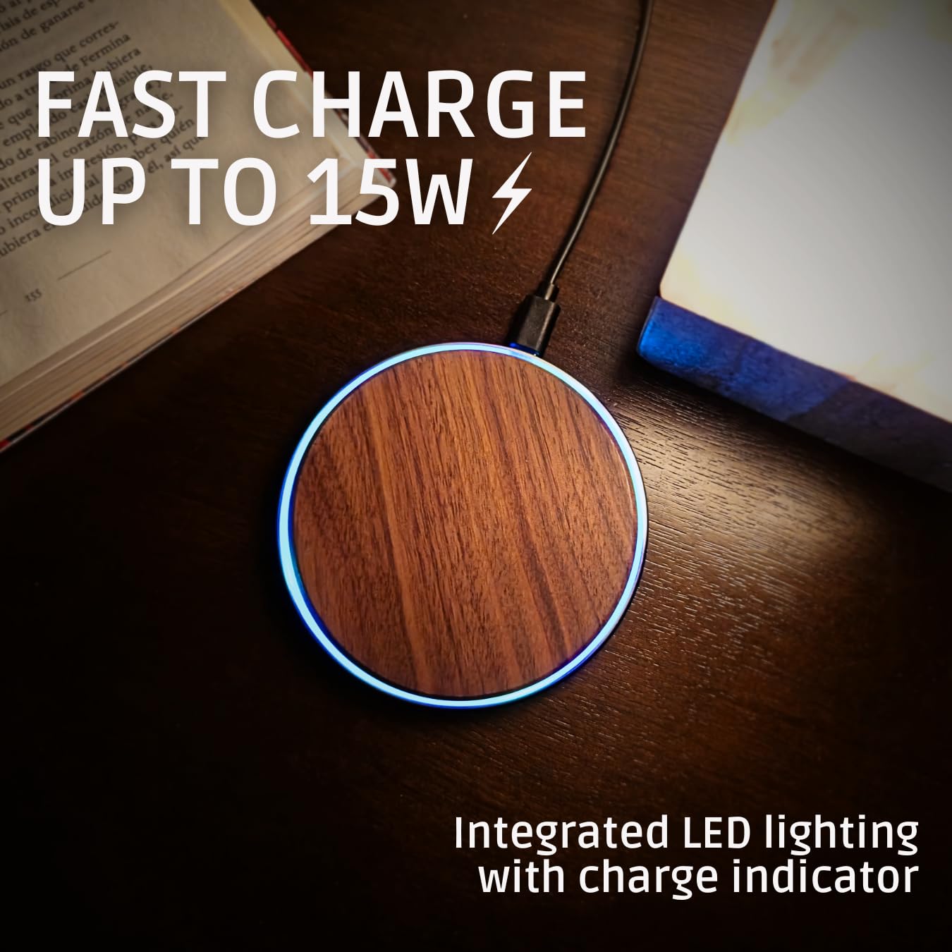 GARCIX 15W Wooden Wireless Charger | Stylish Design Qi Wireless Charger Station | USB Type C Cable | Compatible for iPhone 15 14 13 Pro MAX X Plus, Samsung Galaxy Ultra, Airpods