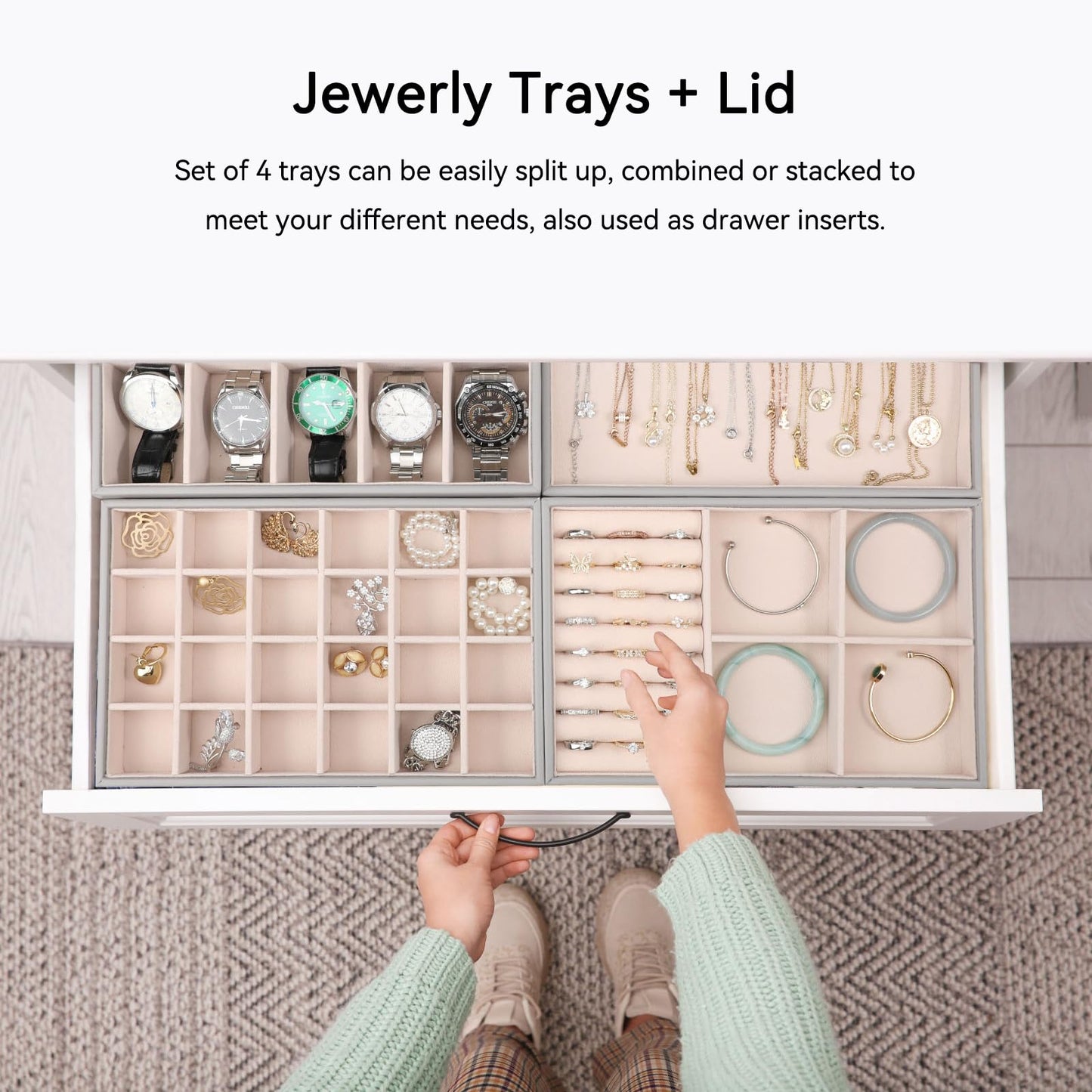 Voova Stackable Jewelry Organizer Tray with Lid, PU Leather Jewelry Storage Holder for Drawer Inserts, Jewellery Display Box Case for Earring Necklace Ring Watch Bracelet (Set of 4, Grey)