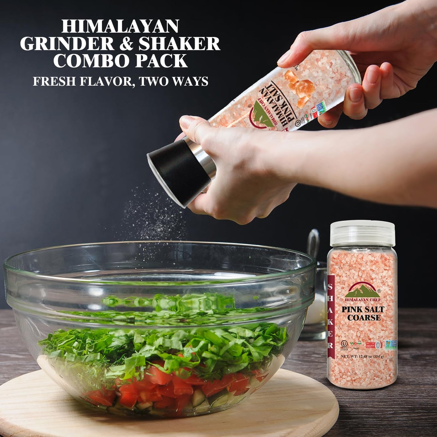 Himalayan Chef Himalayan Pink Salt Grinder & Pink Salt Shaker Refill Adjustable Grinder - Salt Mill and Salt Shaker | Set of 2