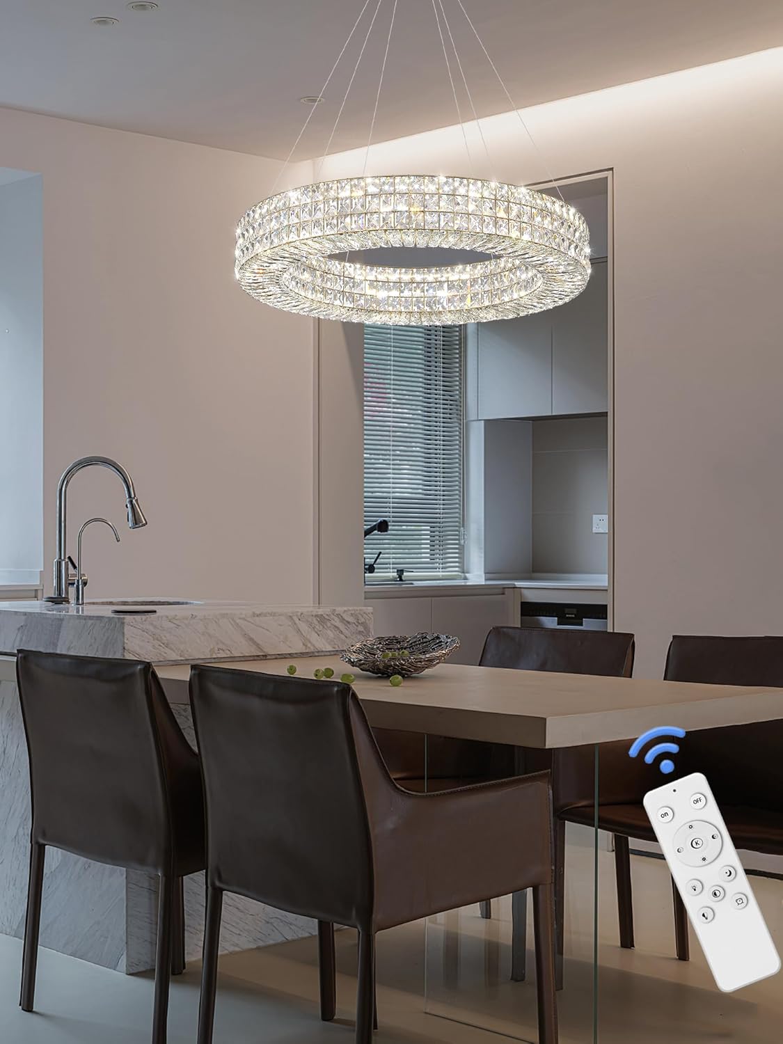 Dia 24" Modern Crystal Chandelier Gold Ring Chandelier Adjustable Height Luxury Crystal Pendant Ceiling Light Fixture for Dining Living Room Bedroom