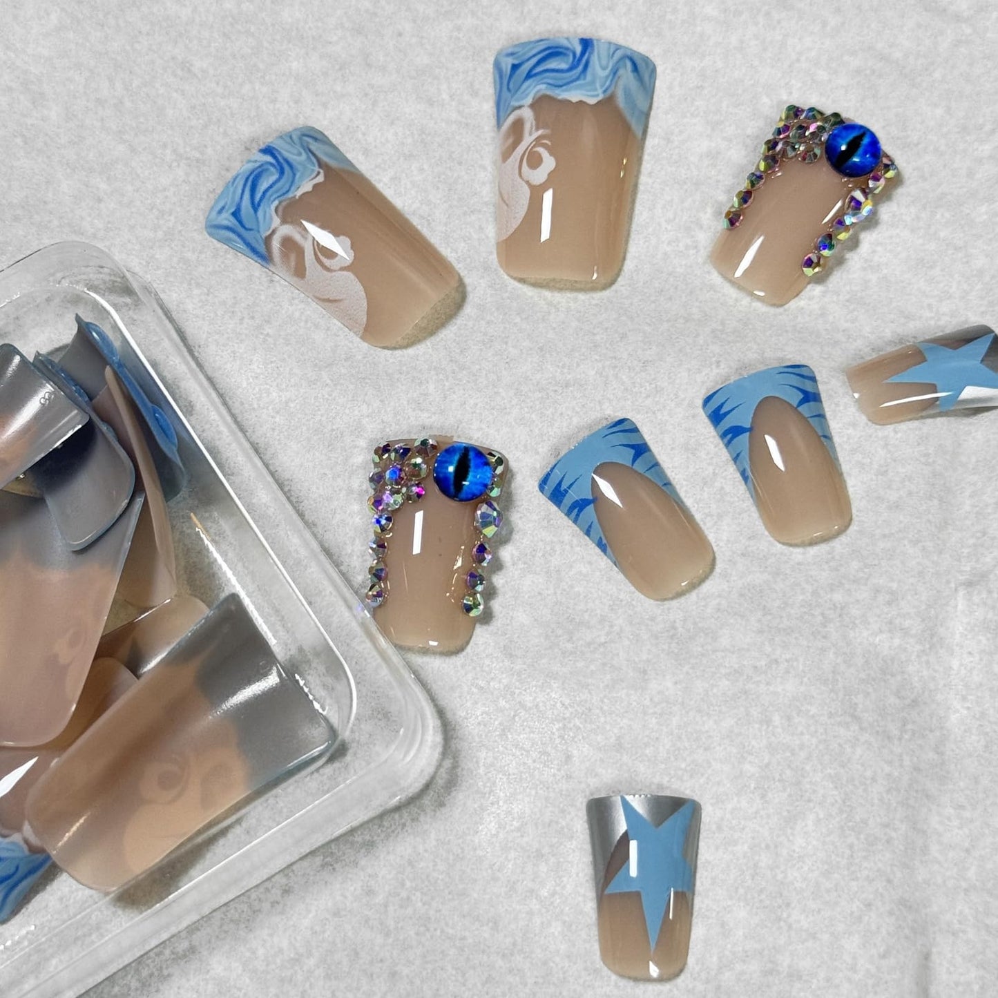 IMRAIN Press on Nails Medium Duck Fake Nails Blue French Tip False Nails with Rhinestone Design Stick on Nails for Women