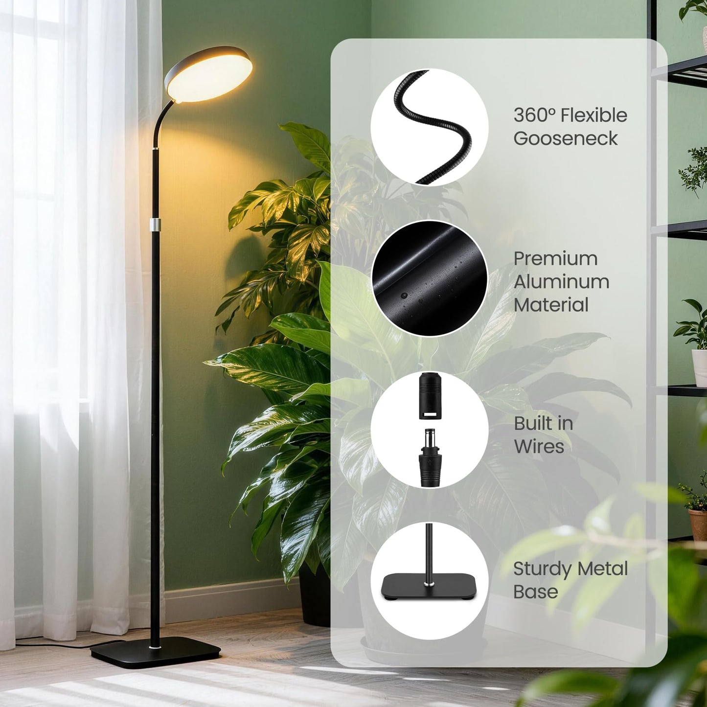 MistyJungle 20W Full Spectrum Grow Light for Indoor Plants, 63in Adjustable Floor Lamp with Gooseneck, 4000K Natural Sunlike Light, 3/9/12H Auto On/Off Timer, 10-Level Dimmable for Tall Small Plants